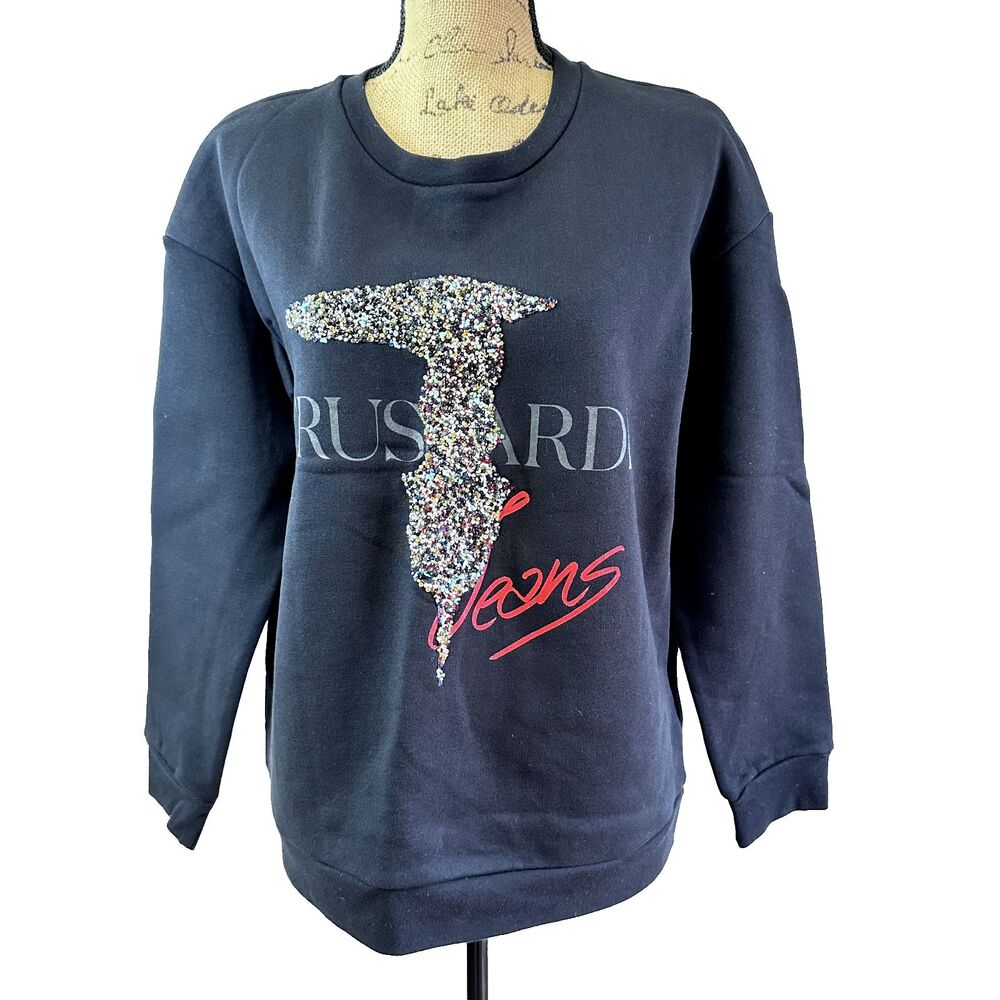 TRUSSARDI JEANS Women's Cotton Sweater Black Embellished Logo Sweatshirt SZ L - Picture 3 of 16